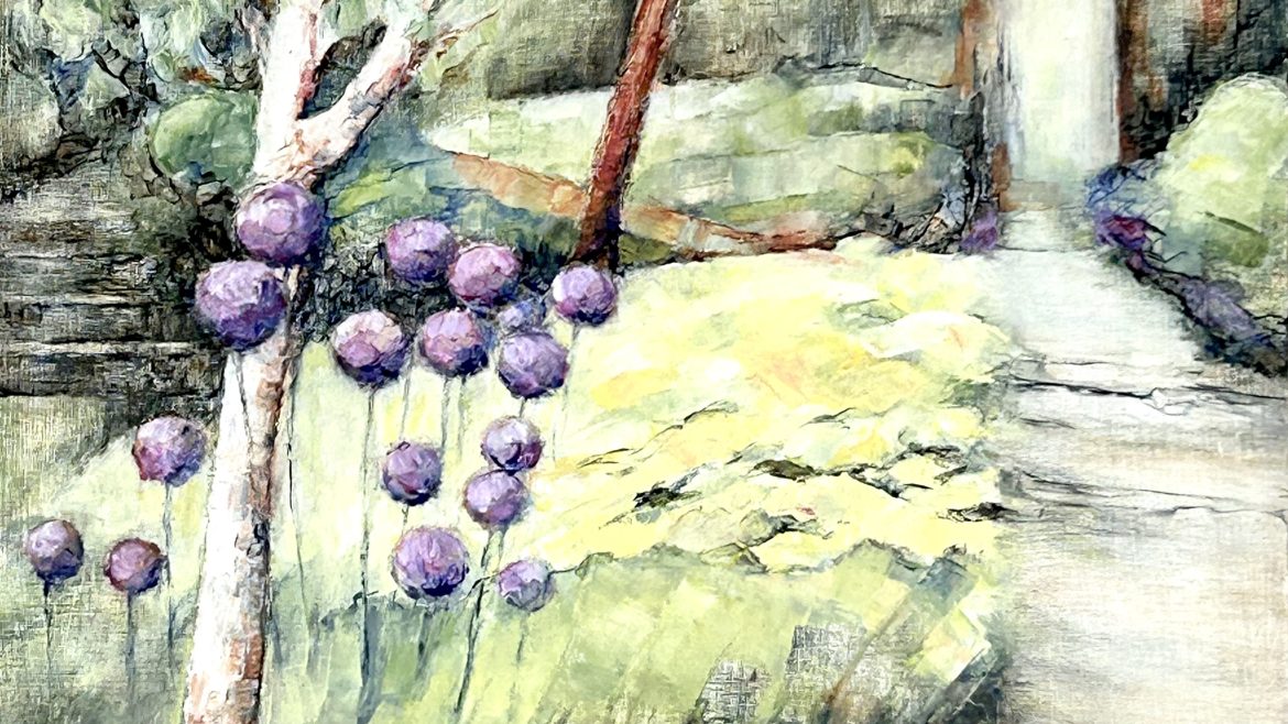 Purple Alliums and yellow daylilies beside the garden path